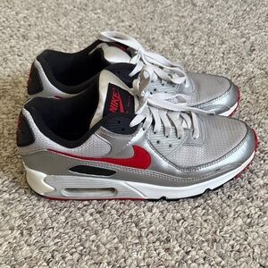 Men’s Size 9 Nike Air Max 90 - “Silver Bullet” Metallic Silver and Red Sneakers